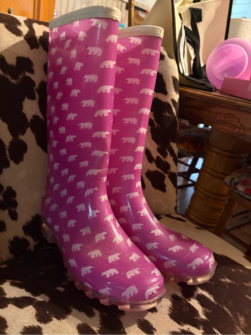Pink Polar Bear Print Women's Waterproof Rain Boots